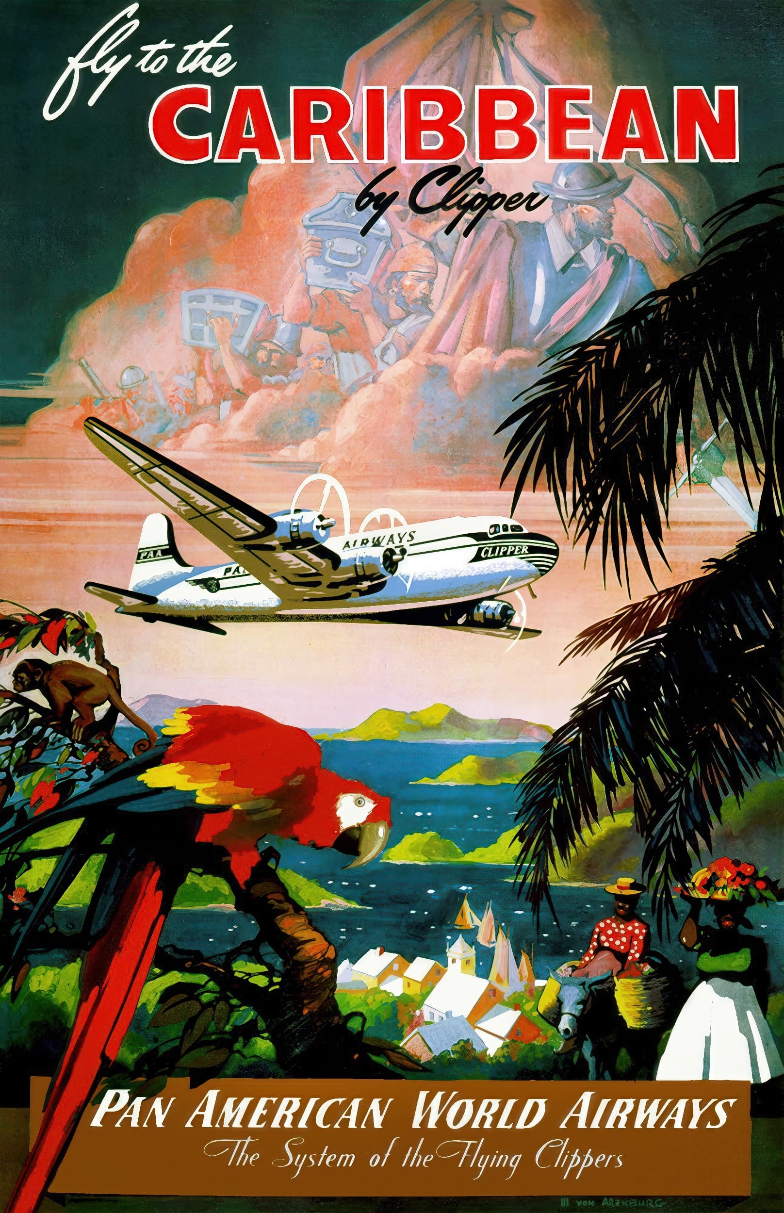 Pan American World Airways Caribbean Clipper travel poster used as a real example ad creative.